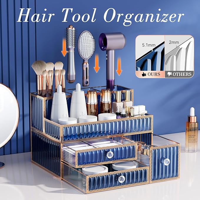 Youdepot Blue Tempered Glass Makeup Organizer | Multipurpose vanity organizer for cosmetics, skincare, hair tools, brushes, perfume and bathroom countertop storage