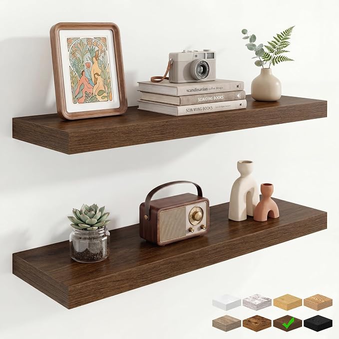 Marsmiles 9.25in Depth 32in Floating Shelves, 32x9.25x1.4, Walnut, Set of 2 | Wall Mounted Engineered Wood Shelves, Invisible Brackets for Living Room, Bedroom, Bathroom, Kitchen Decor and Storage