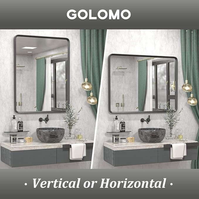 28x32 Inch Black Matte Framed Mirror for Bathroom | Rounded Rectangle Mirror, Bathroom Vanity Mirror for Wall, Anti-Rust, Shatterproof (Horizontal/Vertical)