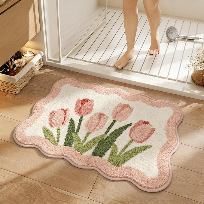 Wave-Shaped Tulip Bath Mat, Soft Non-Slip Fluffy Fresh Flowers Bathroom Rug, Ultra Absorbent Microfiber Shaggy Doormat, Machine Washable Floral Bath Rug for Bathroom Bedroom 20x31 Inch (Wave Pink)
