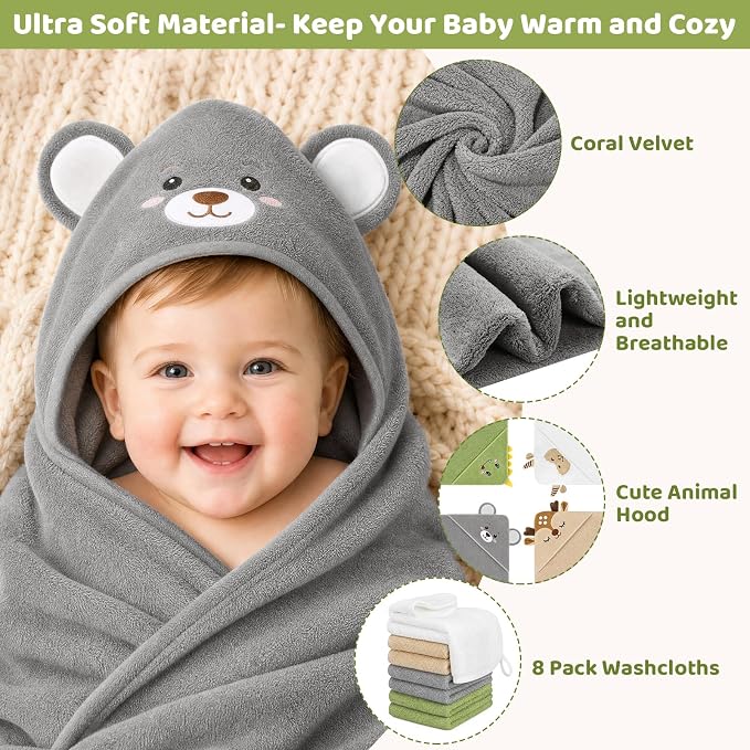12 PCS Baby Bath Towels Set, Baby Towels for Newborn Bath Essentials Gifts | Animal Hooded, Ultra Thick Soft Absorbent, 4 Baby Towels & 8 Washcloths for Boy Girl Infants (Dinosaurs, Sheep, Elk, Bear)