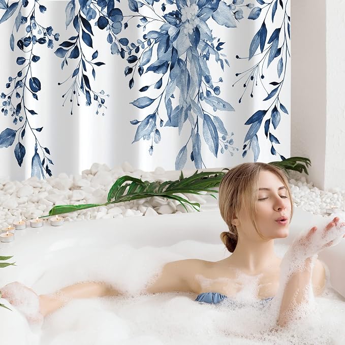 Navy Eucalyptus Shower Curtain, Watercolor Floral Print, 60x72 | Watercolor Plant Leaves Floral Print, Waterproof Fabric Bathroom Decor, Machine Washable, Rustproof Grommets