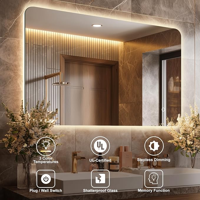 40''X30'' Lighted Mirrors for Bathroom Wall Backlit Rectangular Rounded Corners, LED Bathroom Mirror Frameless with Lights, Dimmable, 3 Colors,Tempered Glass, Shatter-Proof