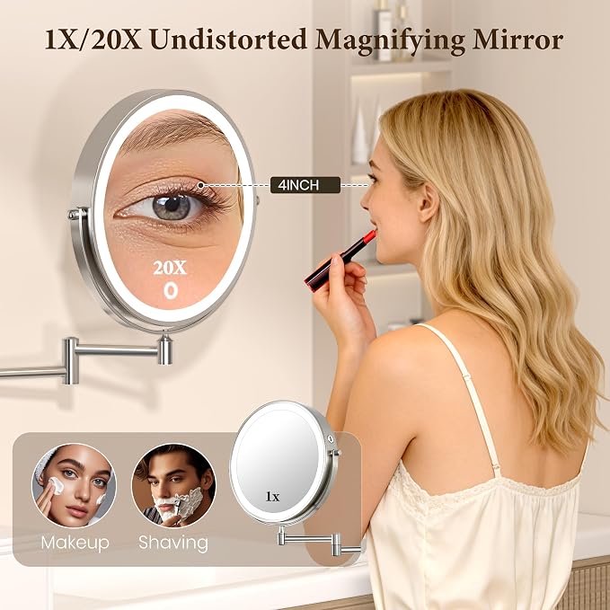 9" Large Wall Mounted Lighted Makeup Mirror, 5000mAh Rechargeable 1X/20X Magnifying Mirror with 3 Color Lights Touch Dimmable, Extended Arm 360° Swivel Bathroom Wall Mounted Makeup Mirror,Pearl Nickel