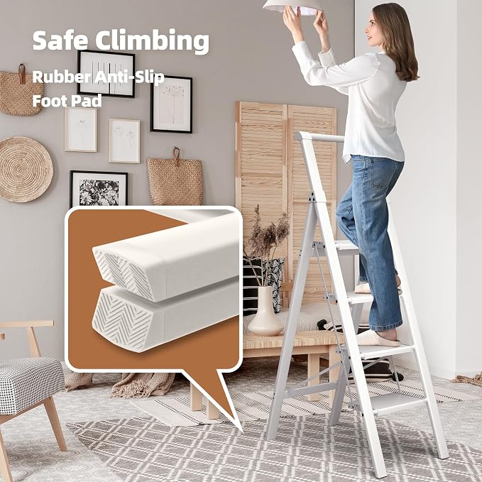 HillhutApex Aluminum 4 Step Ladder, Step Stool Foldable Ladder(White) | Stepladder with Handgrip,Anti-Slip Pedals,330lbs Capacity,Lightweight Folding Ladder for Home,Office,Libaray