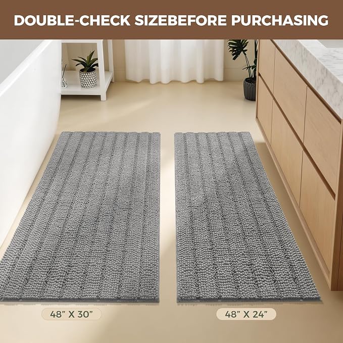 Bcoimo Bath Rug Mat,48x30 Chenille Non Slip Gray Long Bathroom Runner Rugs | Extra Soft Bathroom Floor Mats;Non Slip with Rubber Back Bath Mats;High Absorbent, Quick Dry Microfiber mat; Machine Washable