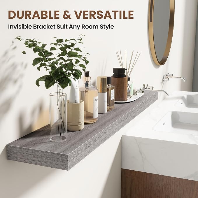 Acovy 55 Inch Floating Shelves for Wall 2 Pack, 55" Wall Shelves for Books, Storage, Decor, Wall Mounted Floating Shelf with Invisible Brackets for Kitchen, Living Room, Gray