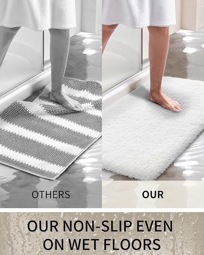 Bathroom Rugs Non Slip Washable 59x24, Ultra Thick Soft Microfiber Absorbent Bath Mats, High Density Foam Latex Non Slip Backing Bath Rugs, Fluffy Floor Carpet for Tub&Shower, White