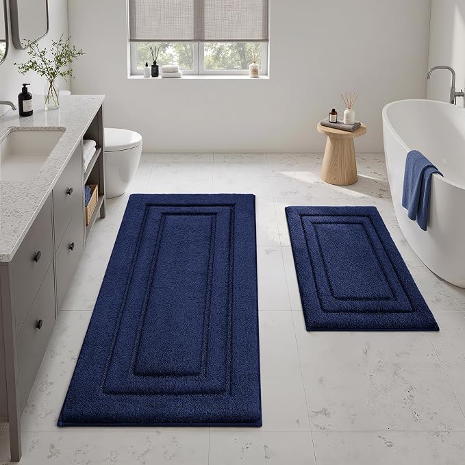 HOMEIDEAS 2 Pieces Large Bathroom Rug, Super Soft and Absorbent Long Rugs, Non Slip and Microfiber Bath Mat for Bathroom Decor (20"x47"+16" x 24", Navy Blue)