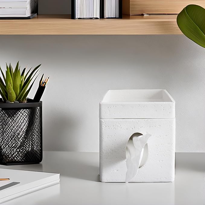 Hymmah Tray Tissue Box Cover Holder Unique Cube Design Tissue Dispenser Cover Decor for Vanity Counter Tops Also Great for Bedroom and Living Room White