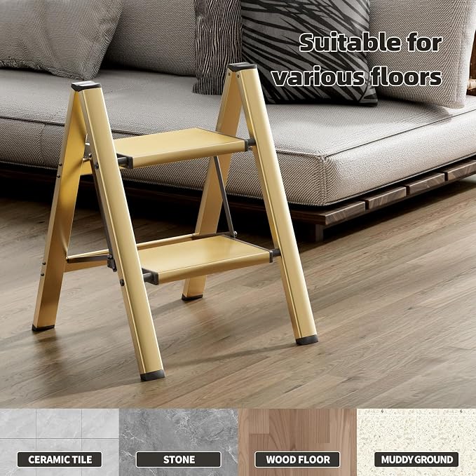 HillhutApex Aluminum Step Stool Foldable,2 Step Ladder (Gold) | Lightweight Portable step ladder with Anti-Slip Wide Pedal,330lbs Capacity Ladder for Household,Office,Kitchen