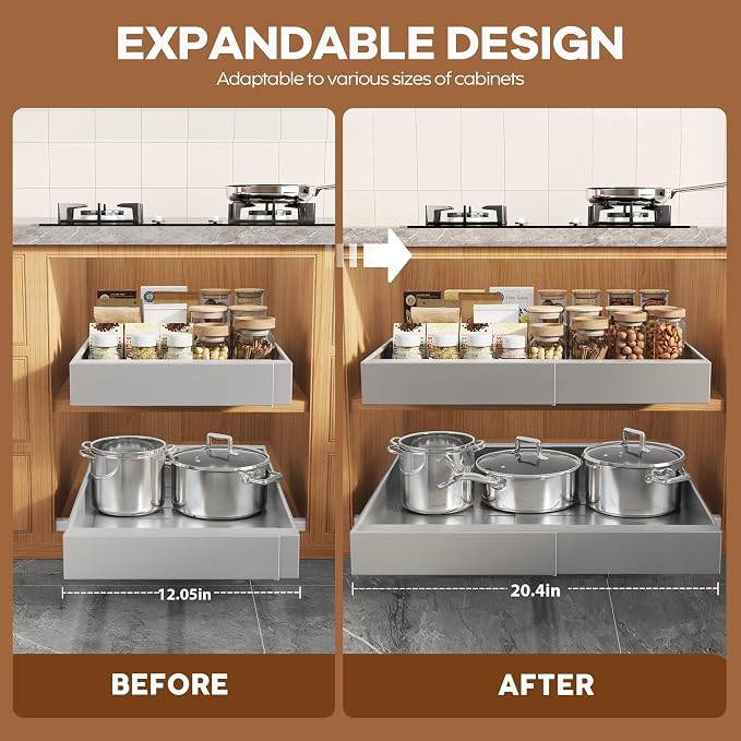 Seinloes 2 Pack Expandable Pull Out Cabinet Organizer 21"Deep With Raising Pad for Framed Cabinets,Upgrade 3 Slide Rails Slide Out Drawers,Roll Out Shelves Adhesive,Adjustable Width 12.05"-20.4"Silver