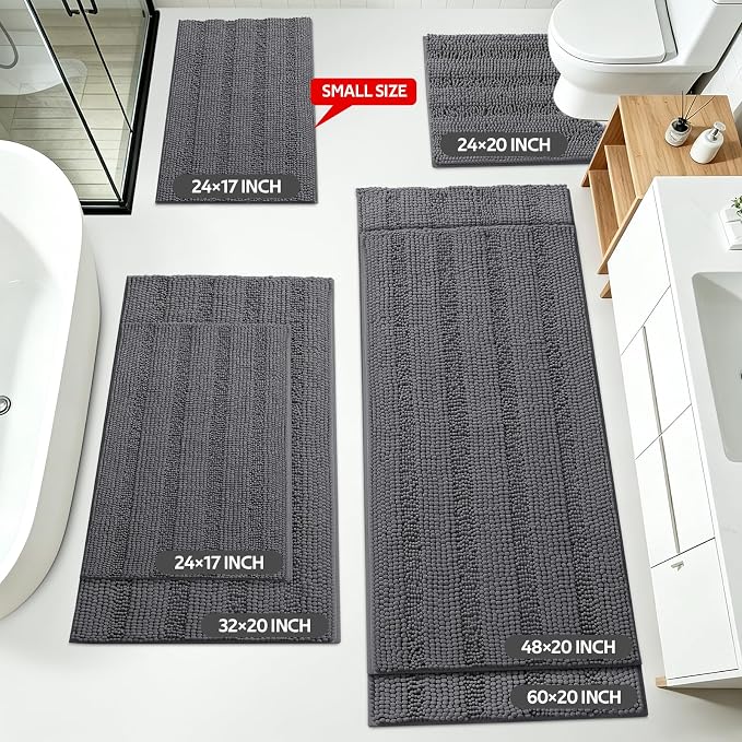 Striped Grey Bathroom Rug Set 3 Pieces Gray Ultra Soft, Non Slip Chenille Toilet Mat, Absorbent Plush Shaggy Bath Mats for Bathroom, Bedroom, Kitchen, Charcoal