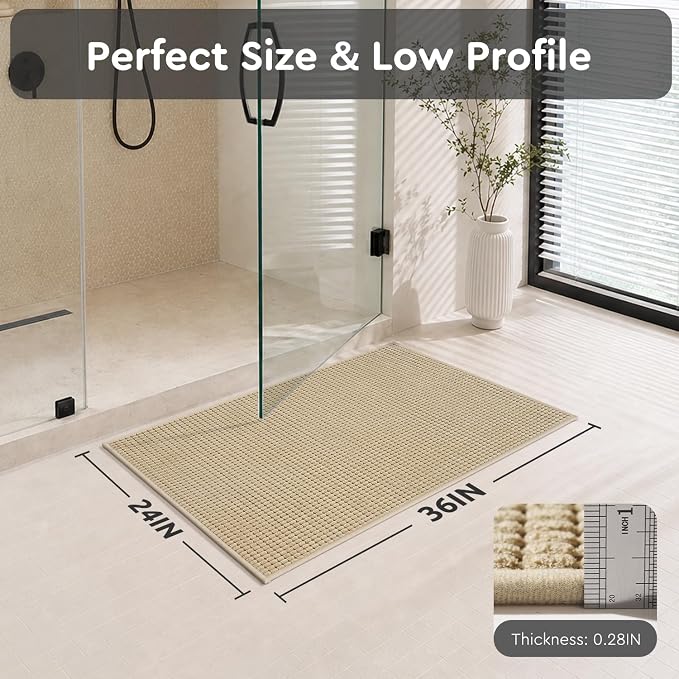 tchdio Bath Mat, Absorbent Bathroom Mat Quick Dry, Thin Bathroom Rugs Fit Under Door, Non Slip Washable Bath Rugs with Solid Rubber Backing, Low Profile Bath Mats for Bathroom, Beige, 24" x 36"
