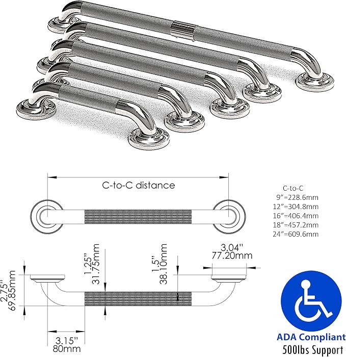 1-1/4" Knurled Grab Bar, ADA Compliant Bath Safety Shower Handrail, Bathroom Mobility Aid Handle for Seniors and Disabled, Heavy Duty 500lbs Support