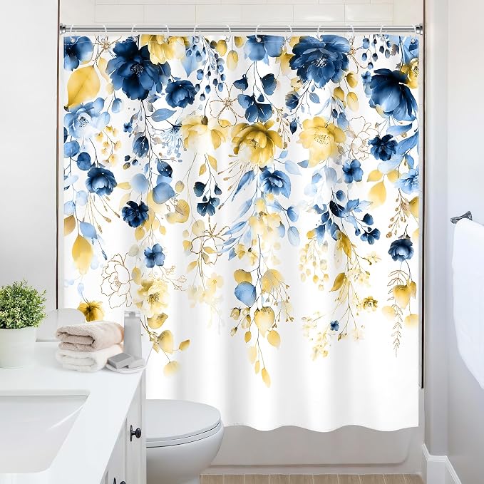 Blue Yellow Floral Watercolor Eucalyptus Leaf Bathroom Shower Curtain Set | 72"W x 72"L Flower Plant look, waterproof HD printed shower curtain, quick-dry fabric and free hooks.