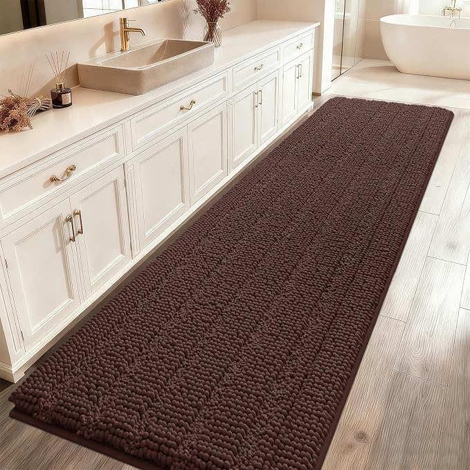 Extra Long Striped Brown Bathroom Rug Mat 70"x24" Ultra Soft, Non Slip Chenille Bath Rugs, Absorbent Plush Shaggy Bath Mats for Bathroom, Bedroom, Kitchen, Shower, Tub