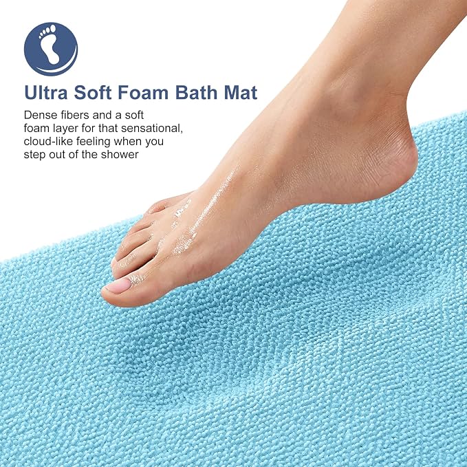 OLANLY Memory Foam Small Bathroom Rugs 24x16, Absorbent Bath Mat, Sky Blue | Soft Quick Dry Bath Rugs, Non-Slip Carpet, Machine Washable Mat for Bathroom Floor, Tub and Shower, Home Decor Accessories