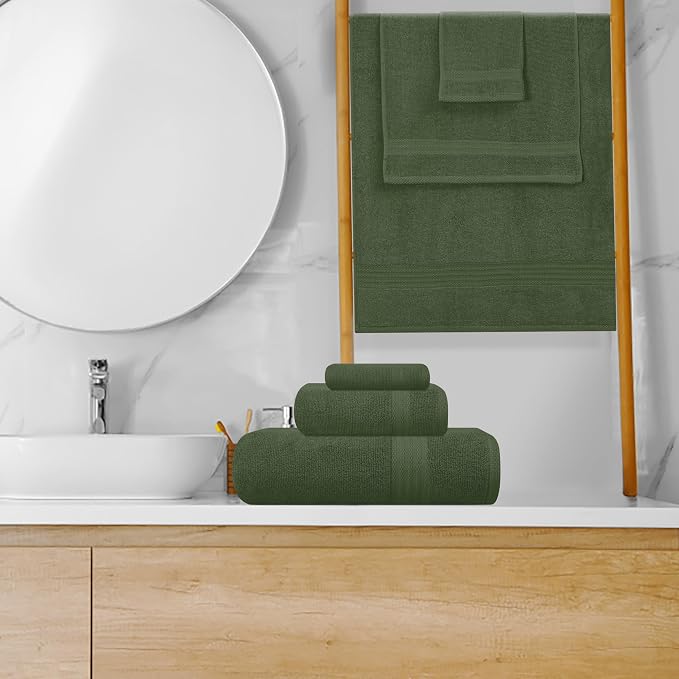 GLAMBURG Ultra Soft 8-Piece Towel Set - 100% Pure Ring spun Cotton, Contains 2 Oversized Bath Towels 27x54, 2 Hand Towels 16x28, 4 Wash Cloths 13x13 - Ideal for Everyday use, Hotel & Spa - Olive Green