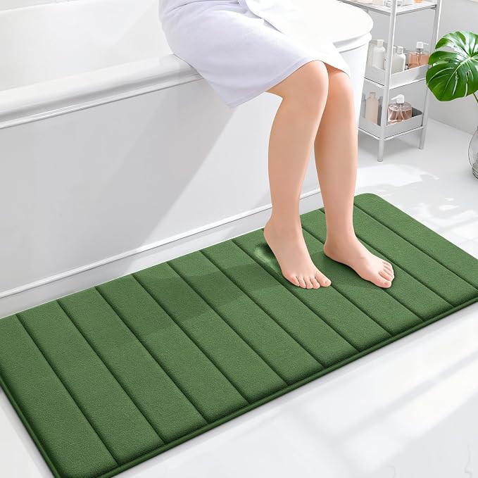 OLANLY Memory Foam Long Bathroom Rugs Runner 47x20, Super Soft Absorbent | Olive Green, Quick Dry Bath Mat, Machine Washable Shower Floor Rugs, Bathmat Carpet for Bathroom Floor, Tub and Shower