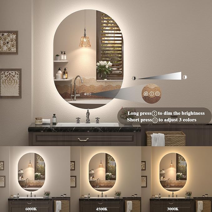 40x24 Inch Oval Backlit LED Bathroom Mirror for Wall | Stepless Dimmable, Shatter-Proof, Anti-Fog, 3 Colors, Memory, Phill-shaped, ETL Listed(Horizontal/Vertical)