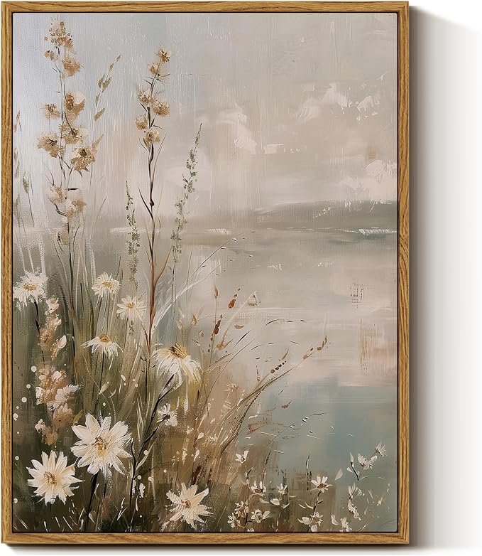 InSimSea Framed Canvas Wall Art Vintage Decor, Wildflowers Landscape Pictures Bathroom Wall Decor Aesthetic, Living Room Bedroom Flower Nature Home Decorations, 12x16inch
