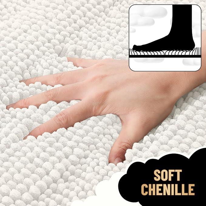 OLANLY Thick Bathroom Runner Rugs 47x17, Soft Chenille Bath Rugs, Ivory | Absorbent Striped, Rubber Backing, Machine Wash, Long Bath Mats for Bathroom Floor, Tub and Shower, Home Decor Accessories