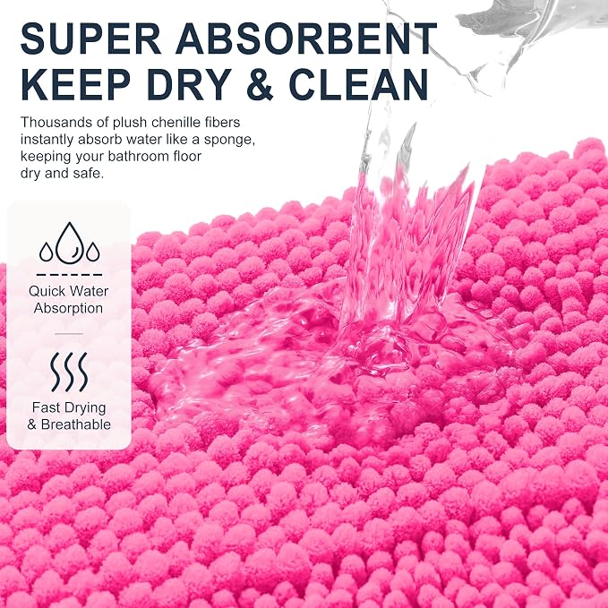 Smiry Thick Chenille Bathroom Rugs 30x20, Soft Absorbent Bath Mat, Hot Pink | Quick‑Dry & Machine Washable, Non‑Slip Bath Carpet, Striped Bath Rugs for Tub & Shower, Modern Home Decor Accessories