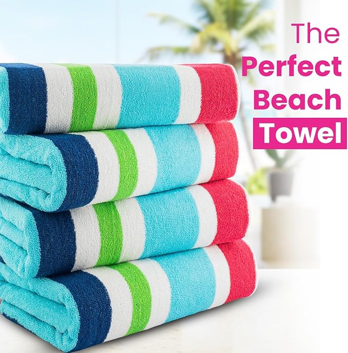 CASA COPENHAGEN Monaco Beach Towels Designed in Denmark Rough and Tough, Quick Dry, for Pool, Bath & Shower 30x60 inches 4 Pieces Cotton Beach Bath Towels Set - Rainbow Pink