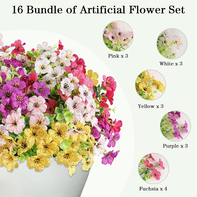 AGIRL Artificial Flowers Outdoor UV Resistant Fake Plant Garden Patio Decor | 16 Bundles,No Fade Plastic Faux Flowers for Hanging Planters front porch yard Indoor Outside,grave decorations for cemetery