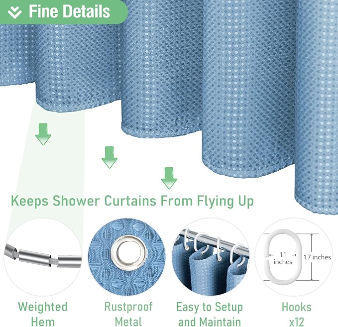 Long Waffle Shower Curtain 256 GSM Heavy 72"x78" Moonlight Blue | 78 Inch Long, Thick Polyester Cloth, Weighted Hem, Water Repellent, Washable, Tall Hotel Bathroom Shower Curtain Set 12 Hooks