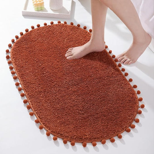 YIRDDEO Oval Rug for Bathroom, Cute Boho Bath Mat with Pom, Terracotta | Soft Plush, Absorbent, Quick Dry, Machine Washable, Non Slip Bath Mat for Bathroom Shower Floor Home Decor