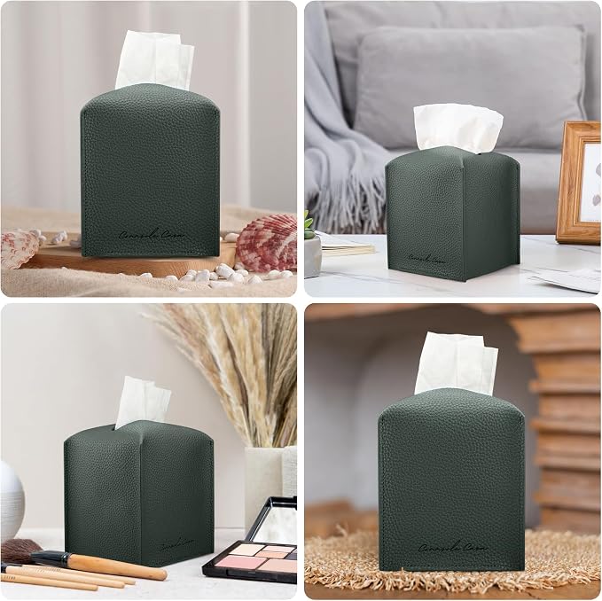 Premium PU Leather Tissue Box Holder - Elegant Hotel-Style Tissue Box Cover for Home, Office & Car Décor, Tissues Cube Organizer for a Natural & Classic Look (Dark-Green)