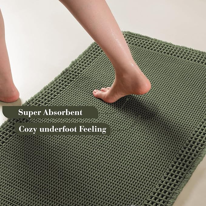 RESARE Waffle Bathroom Runner Rugs, Non Slip Boho Bath Mat 24"x72" Green | Long Absorbent Bathroom Floor Mats Machine Washable Quick Dry, Soft Solid 2'x6' Bath Rugs with Tassels, Ideal Farmhouse Decor