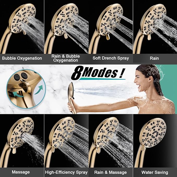 Cobbe 8-Setting Handheld Shower Head, Water-Saving Design, Gold | Trickle Pause Mode, 5ft Stainless Steel Hose, Brass Swivel Bracket, Tool-Free Installation
