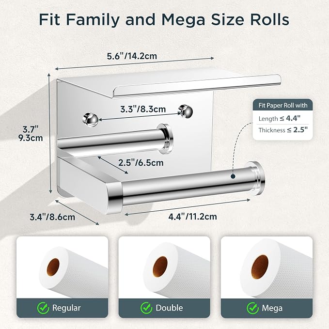 FORIOUS Toilet Paper Holder with Shelf, Adhesive or Screw, Chrome | Wall Mount Toilet Paper Roll Holder for Bathroom, Stainless Steel Commercial Toilet Tissue Roll Dispenser with Phone Shelf