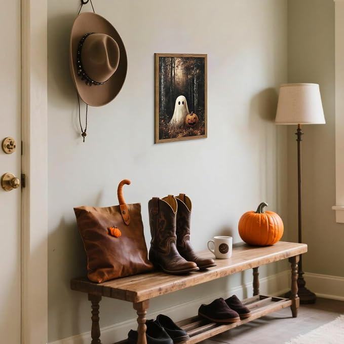 Framed Vintage Halloween Ghost Wall Art, Cute Ghost with Pumpkin Lantern Canvas Print, Retro Dark Halloween Forest Poster, Whimsical Wall Decor for Living Room Bedroom Hallway, 8x10in
