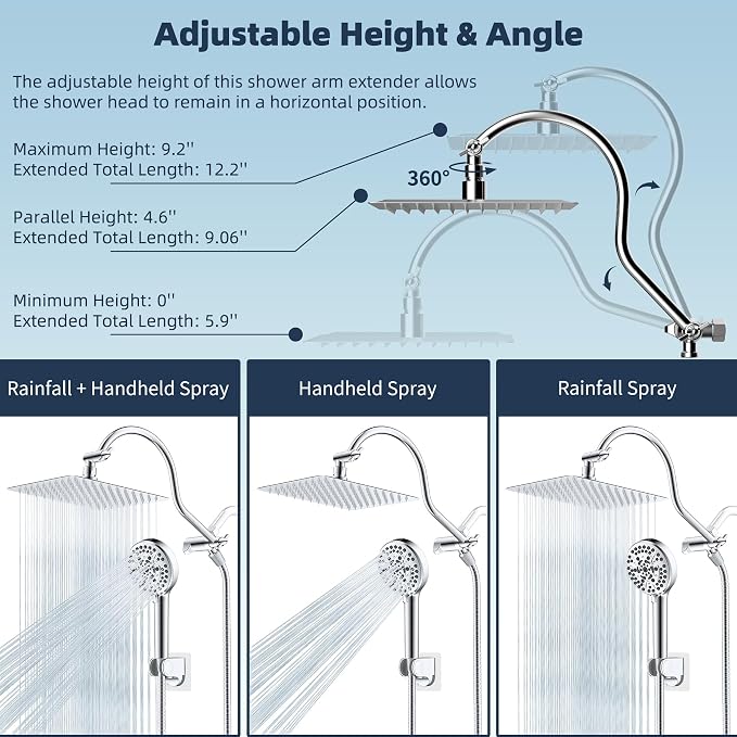 Hibbent All Metal CUPC Certified Shower Head, 10'' High Pressure Rainfall Shower Head, Handheld Showerhead Combo, 12'' Adjustable Extension Arm, 10 Sprays, 71'' Shower Hose, Showerhead Holder, Chrome