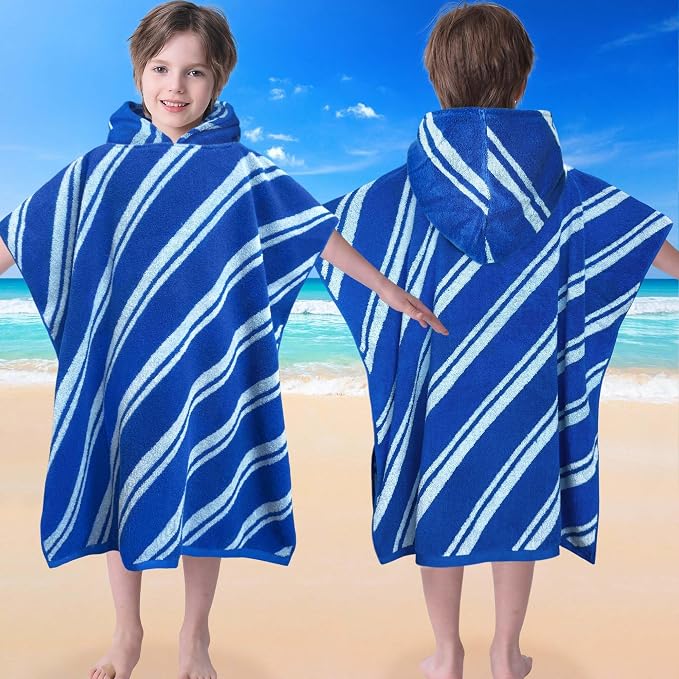 VOOVA & MOVAS Kids Hooded Poncho Towel, 4-8 Years, 100% Cotton,Blue Stripe | 27.5"x27.5" Size, Jacquard Stripe Craft, Soft, Absorbent & Quick Dry, for Bathroom, Pool, Beach and Swimming