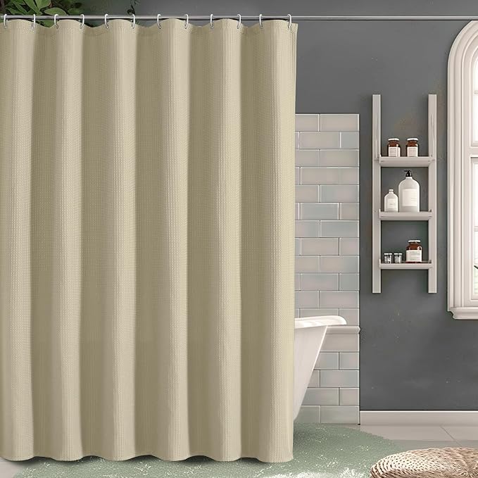 Waffle Shower Curtain Set for Bathroom, Textured Heavy Duty Fabric Bath Curtains, Luxury Hotel Weighted 230GSM Bathroom Decor with 12 Plastic Hooks, Machine Washable, 72Wx72L, Taupe