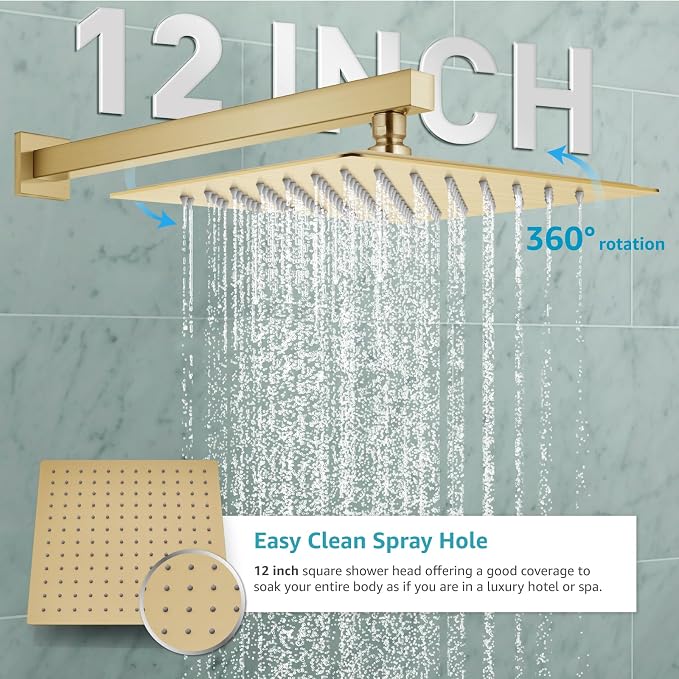 gotonovo Shower Faucet Set with Handheld Spray Brushed Gold,12'' Head | SUS304 Rainfall Shower Head and Handle Set System Fixture,Pressure Balance Valve Trim Kit,Single Handle,Wall Mount,All Metal