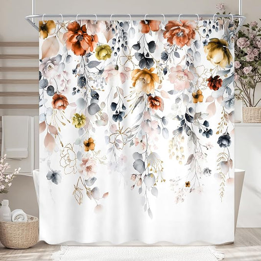 Yellow Orange Floral Pastel Watercolor Rustic Bathroom Shower Curtain Set | 60"W x 72"L Flower Eucalyptus design with waterproof HD artwork, quick-dry fabric and hooks for easy hanging.