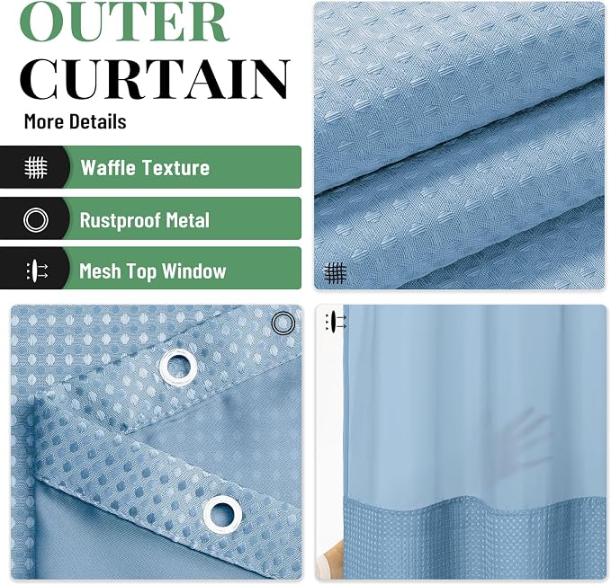 Extra Long Shower Curtain, 84 Inch Long Waffle Fabric Shower Curtain for Bathroom, Tall Waterproof Cloth Shower Curtain Set with Hook, Snap in Liner, Mesh Top Window, Moonlight Blue, 72x84