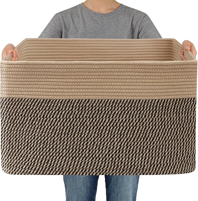 JMvicyroam 65L Large Woven Cotton Rope Blanket Basket, Jute&Black | Blanket storage for living room or bedroom use, Freestanding with reinforced handles, Entire basket is machine washable