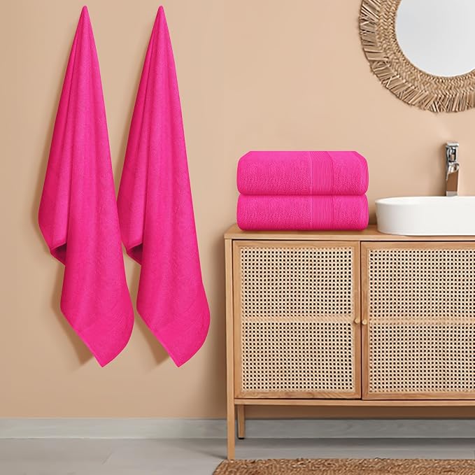 4 Pack Bath Towel Set 27x54, 100% Ring Spun Cotton, Ultra Soft Highly Absorbent Machine Washable Hotel Spa Quality Bath Towels for Bathroom, 4 Bath Towels - Hot Pink