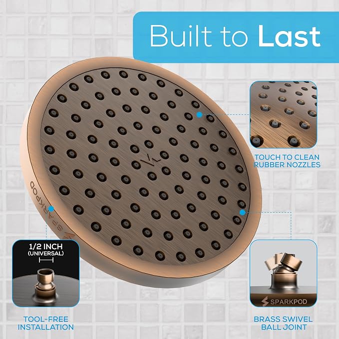 SparkPod Rain Shower Head, 8 Inch Round, Vintage Oil-Rubbed Bronze Finish | High Pressure Shower Heads, 90 Nozzles, Adjustable Showerhead, No Tools Needed, Universal Connection
