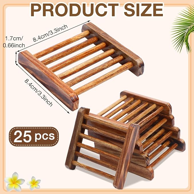 25 Pcs Bamboo Wood Soap Dish Bulk Bathroom Wooden Soap Holder Savers Self Draining Dishes Handcraft Tray, 3.3 x 3.3 x 0.67 Inch (Charcoal Color)