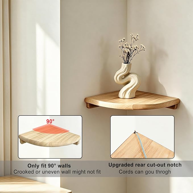 8.7" Floating Corner Shelf, Solid Wood Wall Mount with Wire Hole | Round end design, fits small decor, plants, photo frames & speakers; for bedroom, kitchen, living room