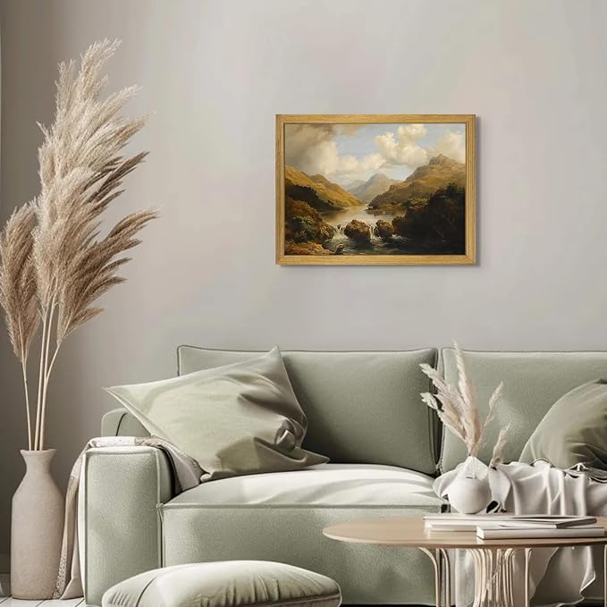 Framed Vintage Landscape Wall Art Home Decor, Retro Mountain Vintage Painting Prints, Countryside Farmhouse Landscape Wall Decor, Canvas Wall Art for Living Room Bedroom Home Bathroom Decor 16x24 Inch