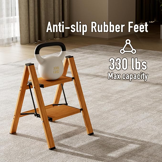 Mayi Plus 2 Step Stool Foldable, Aluminum, Lightweight Step Ladder | Extra-wide anti-slip folding steps with 330 lbs, for home,kitchen,office,outdoor,Woodgrain